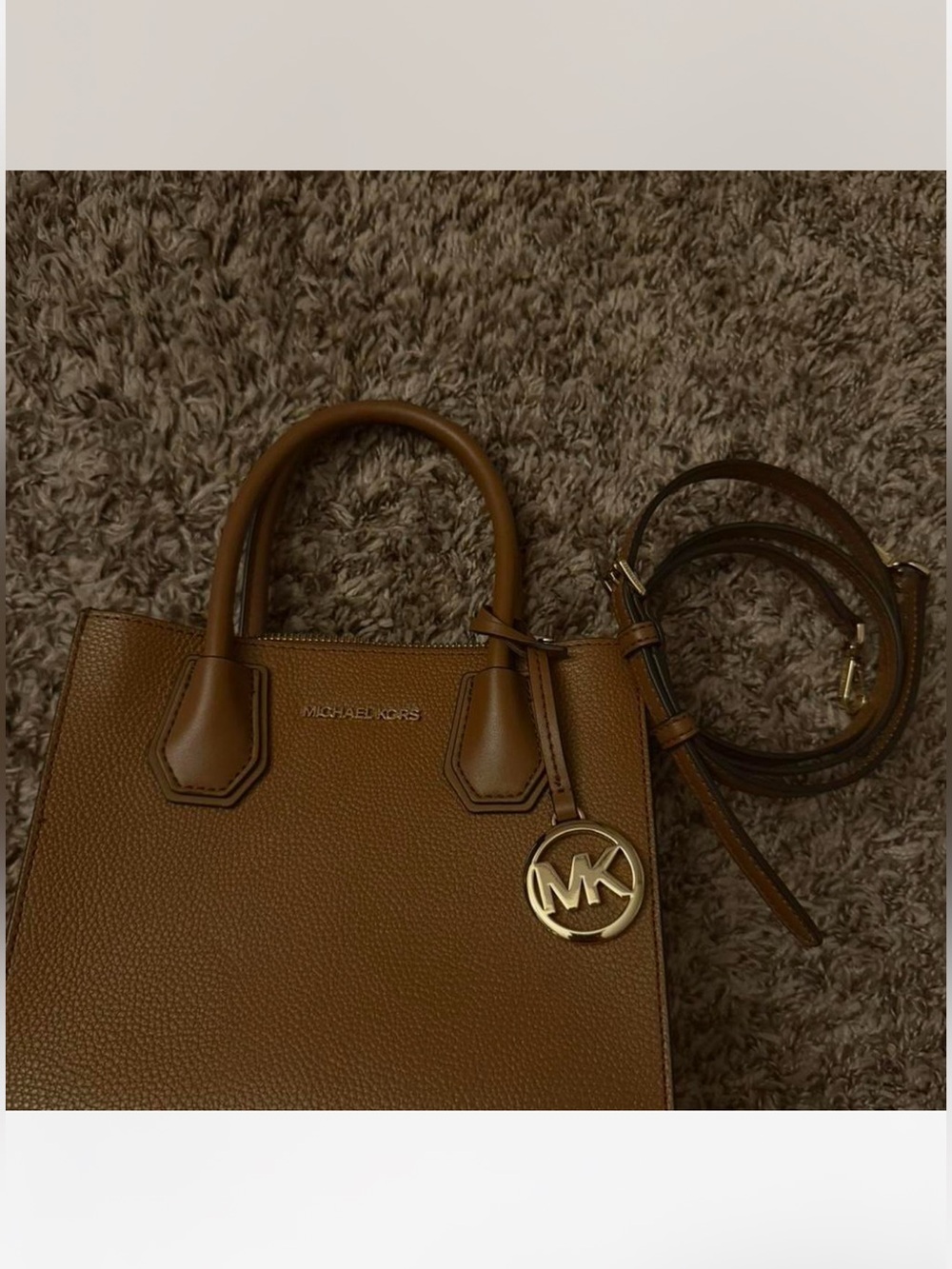 Michael Kors Tan Leather Satchel with Gold MK Charm